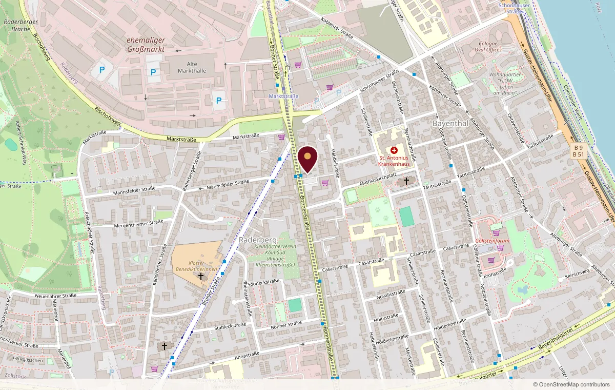 Kartenausschnitt mit der Lage des Studios an der Bonner Straße in Köln-Bayenthal
